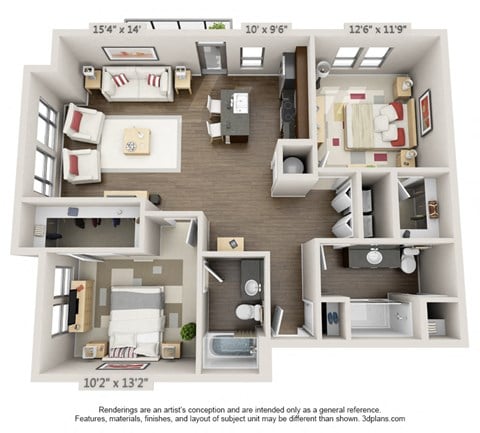 Floor plan for 2 beds, 2 baths, 1021 sqft